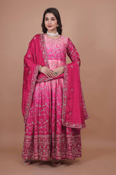 Ravishing Double Shaded Pink Chinon Silk Embroidery Work Gown